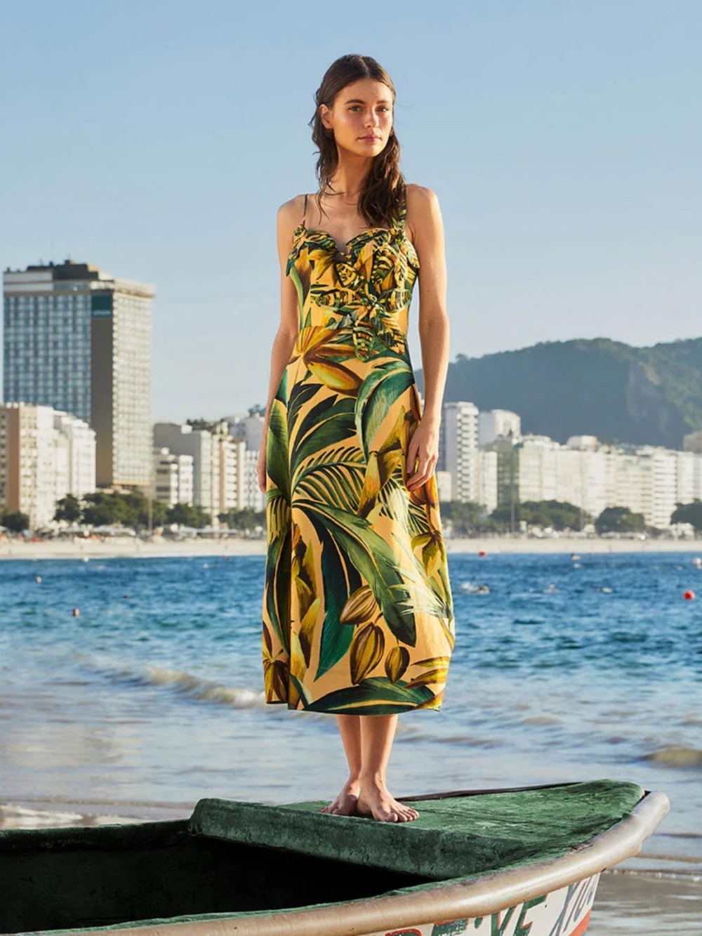 FARM RIO 3D YELLOW BANANA ART MIDI DRESS